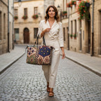 Canvas Weekend Bag in bold Kilim geometric print with adjustable black straps, handcrafted in Great Britain by Umpie Handbags