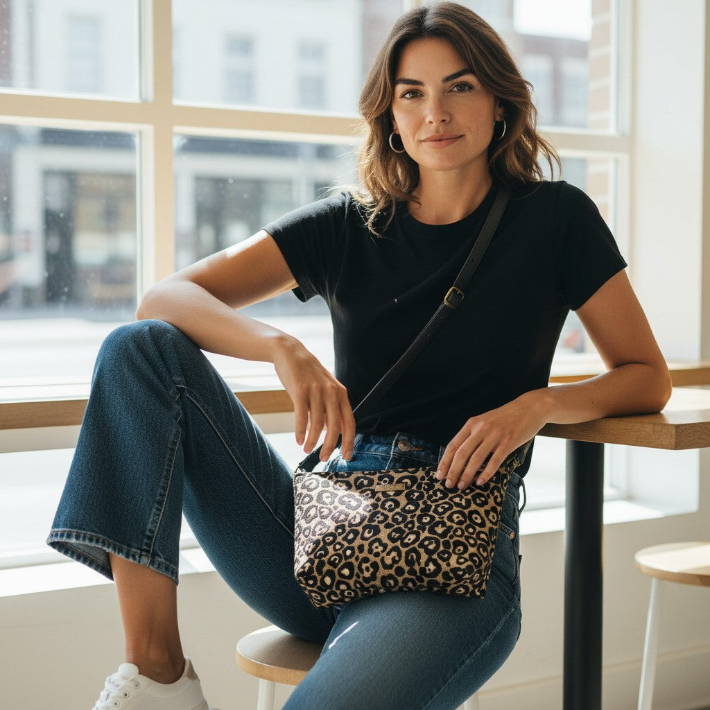 Model wearing shimmering metallic leopard print crossbody bag with luxurious bronze and black pattern, smooth black leather adjustable strap across body by Umpie Handbags