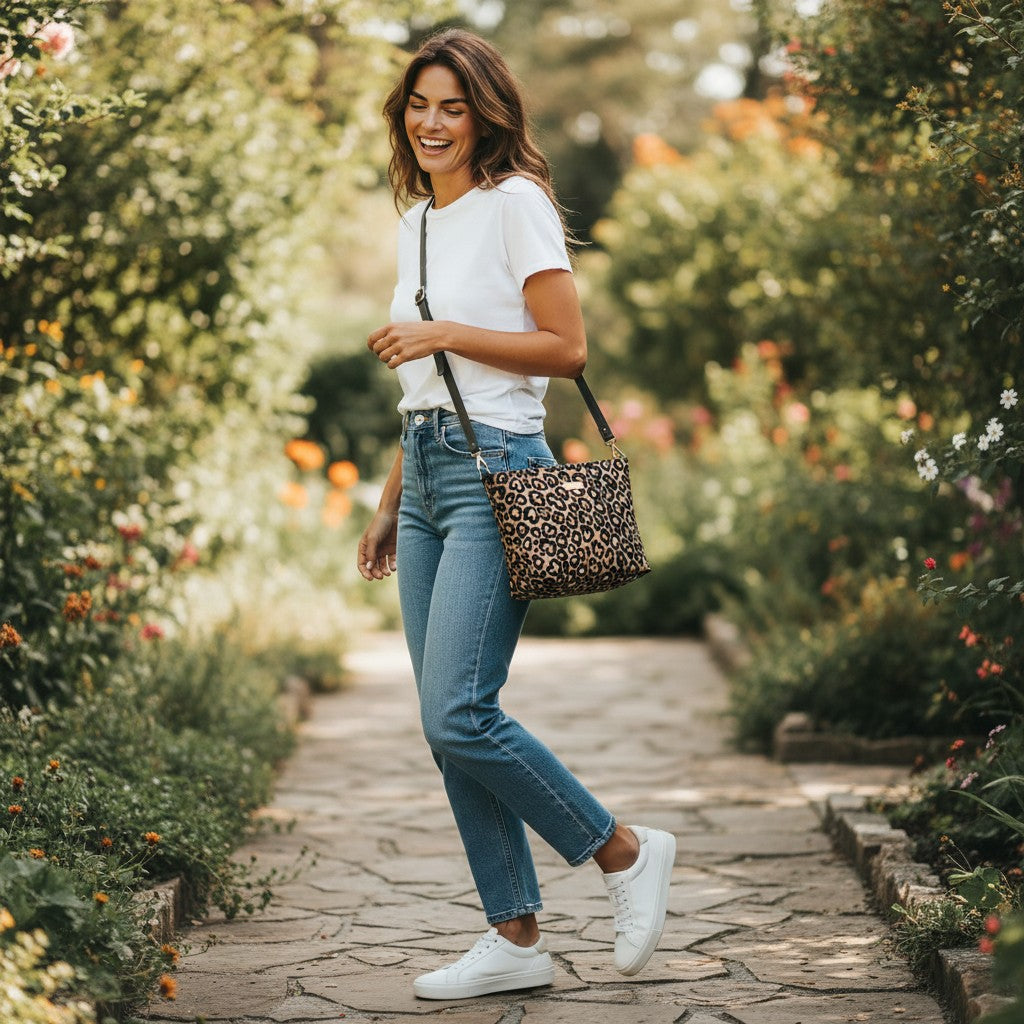 Model wearing shimmering metallic leopard print crossbody bag with luxurious bronze and black pattern, smooth black leather adjustable strap across body by Umpie Handbags