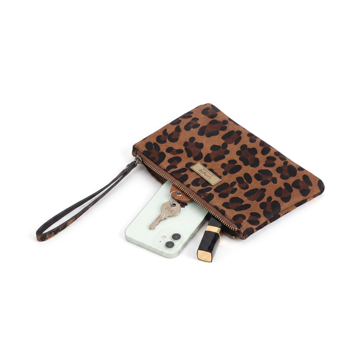Leopard Print Cruise Clutch Bag with antique gold zip closure, perfect for cruise dining, large enough for a phone, keys and lipstick, by Umpie Handbags