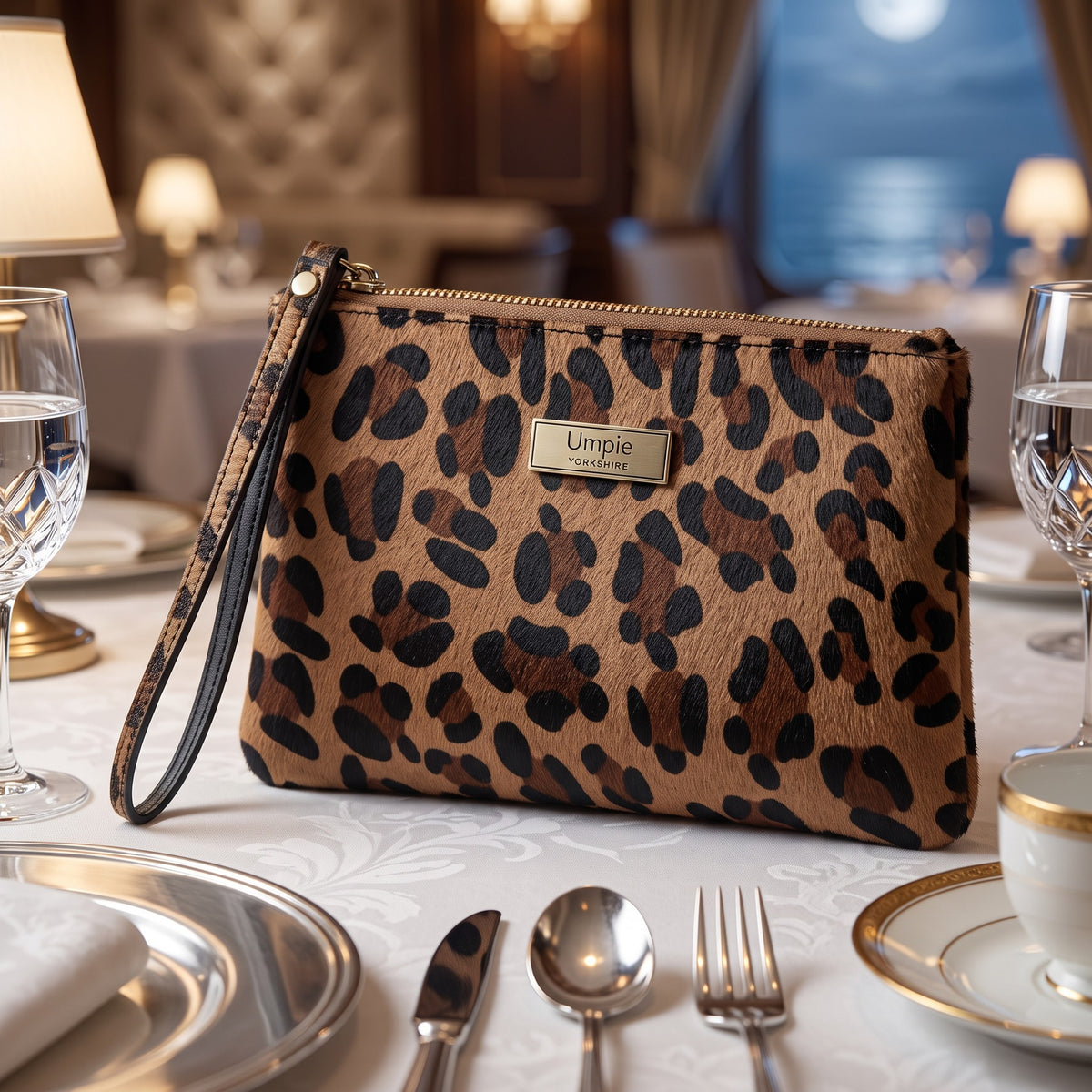 Leopard Print Cruise Clutch Bag on a restaurant table, compact leopard print leather evening clutch with antique gold zip closure, perfect for cruise dining, by Umpie Handbags