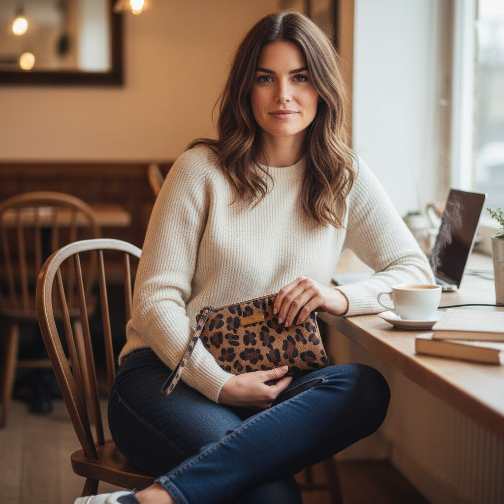 Hair on Leather Leopard Clutch Bag carried by seated model displaying compact elegant silhouette by Umpie Handbags