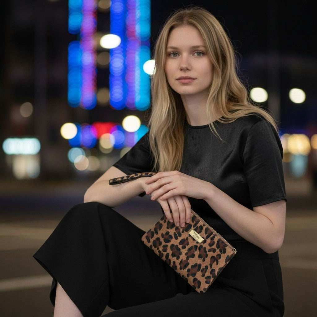 Hair on Leather Leopard Clutch Bag held by model in evening setting showing authentic leopard print and wrist strap by Umpie Handbags