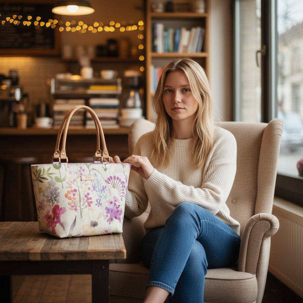 Lilac Floral Handbag displayed on table showing delicate botanical print on premium linen by Umpie Handbags