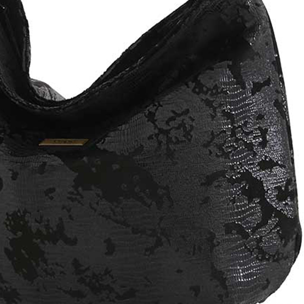 Close up view of the fabric for Lizard print hobo bag, one-off slouchy style worn over the shoulder, zip-top view by Umpie Handbags