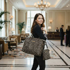 Luxurious metallic leopard print weekend travel set featuring shimmering bronze and black weekender bag with matching crossbody bag, handcrafted with premium leather straps by Umpie Handbags