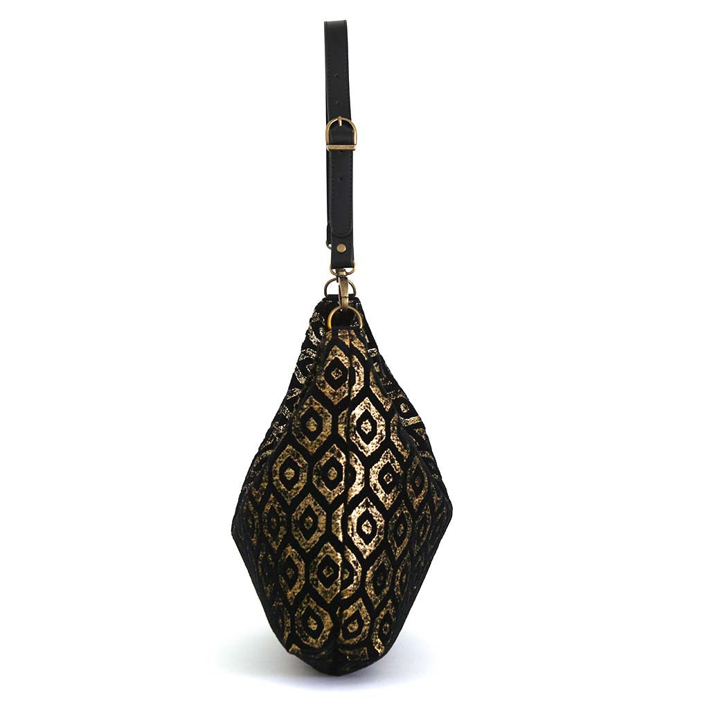 Glamorous Gold Metallic Hobo Bag side profile - show-stopping British-made accessory with supple black leather strap detail  by Umpie Handbags