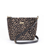 Compact leopard print crossbody bag displayed at an angle, showcasing the eye-catching metallic sheen and structured silhouette with premium black leather strap by Umpie Handbags