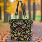 Close-up of William Morris Victorian botanical tapestry fabric showing intricate floral detail and rich texture by Umpie Handbags