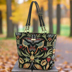 Spacious tote bag featuring iconic William Morris floral tapestry print in rich jewel tones of emerald, burgundy, and gold, crafted with premium black leather straps and handles, photographed from front-facing angle showcasing the intricate heritage-inspired botanical pattern and artisanal British craftsmanship by Umpie Handbags
