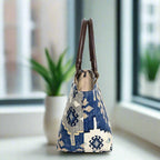 Navy Canvas Handbag with brown leather handles by Umpie Handbags - side view