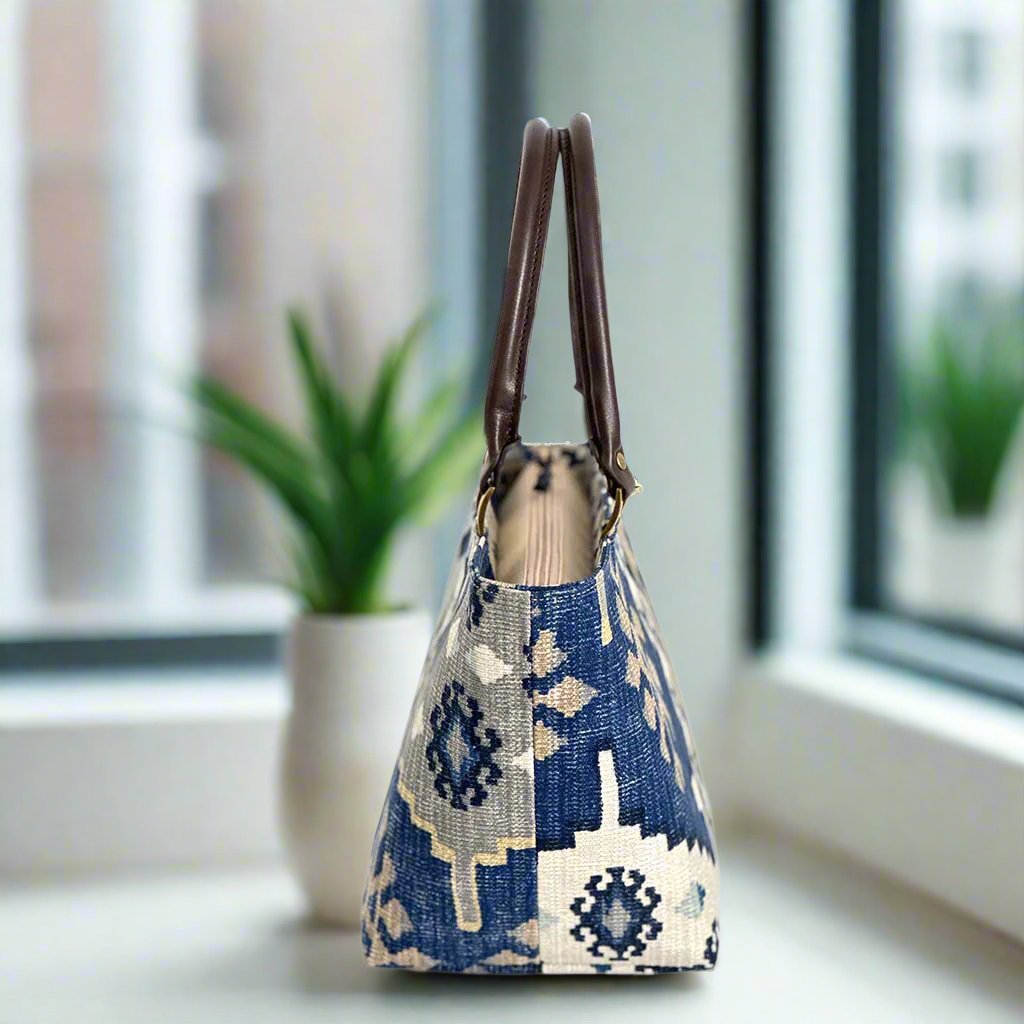 Navy Canvas Handbag with brown leather handles by Umpie Handbags - side view