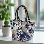 Navy Canvas Handbag with brown leather handles by Umpie Handbags