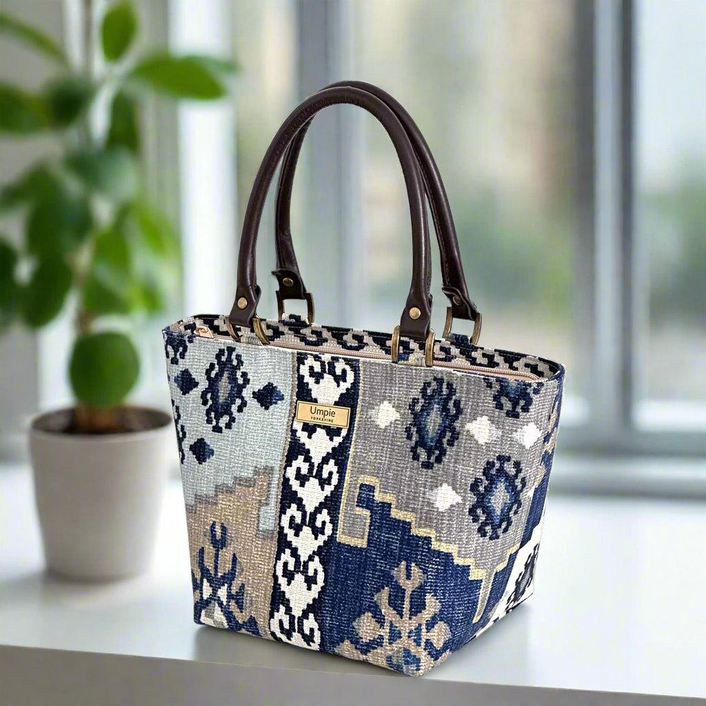 Navy Canvas Handbag with brown leather handles by Umpie Handbags