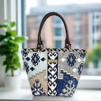 Navy Canvas Handbag with brown leather handles by Umpie Handbags