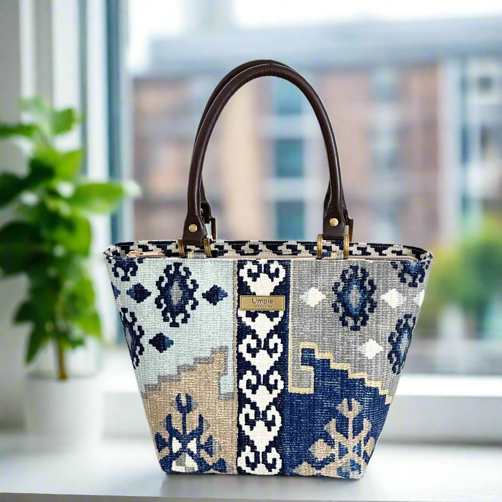 Navy Canvas Handbag with brown leather handles by Umpie Handbags