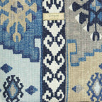 Fabric view of the Navy canvas handbag with traditional Kilim geometric pattern in navy, grey, light blue and taupe, beige leather handles, front view by Umpie Handbags