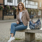 A woman seated on a bench holding the Artisan Navy Kilim Canvas Hobo Bag with a brown leather strap by Umpie Handbags