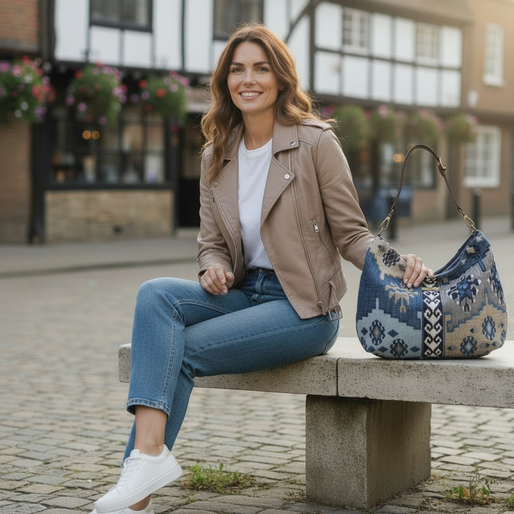 A woman seated on a bench holding the Artisan Navy Kilim Canvas Hobo Bag with a brown leather strap by Umpie Handbags
