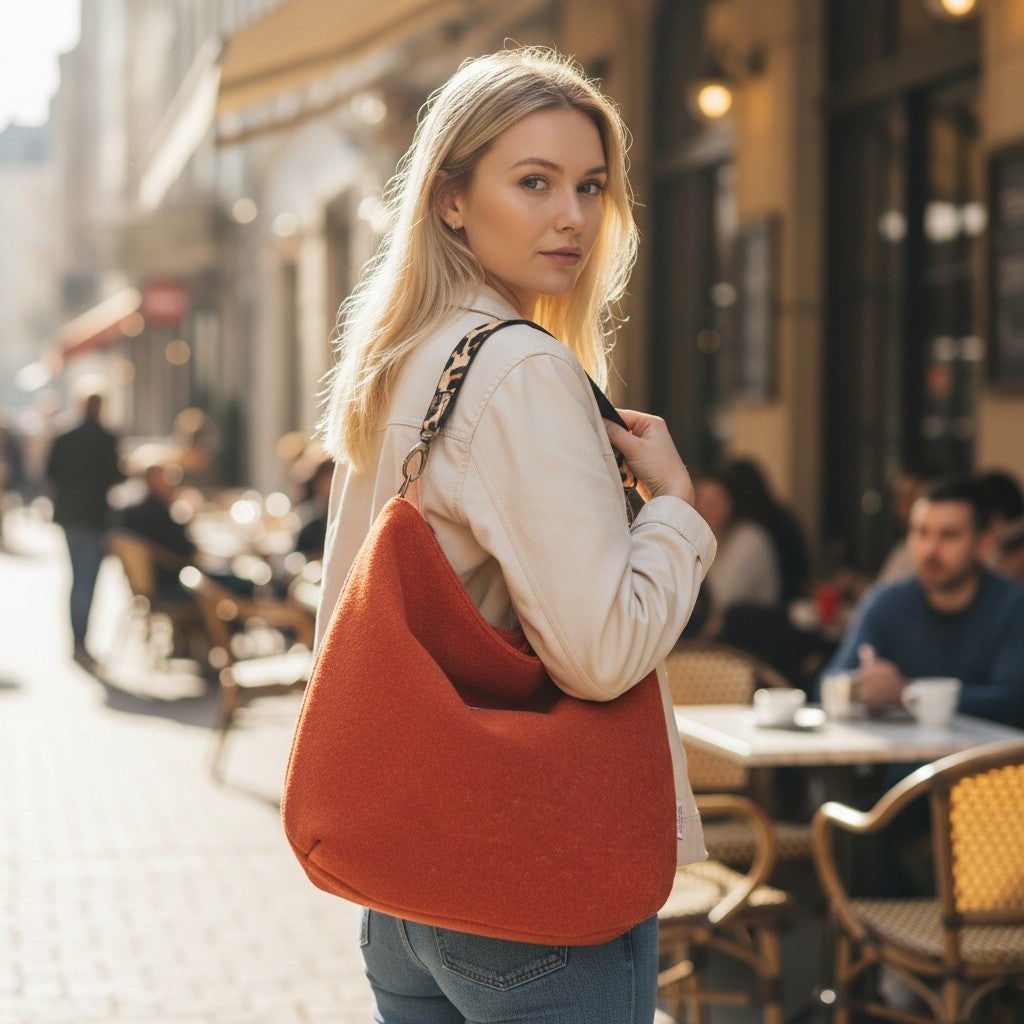 Orange Harris Tweed hobo bag with herringbone weave, leopard print leather strap, relaxed silhouette, authentic Scottish wool fabric by Umpie Handbags
