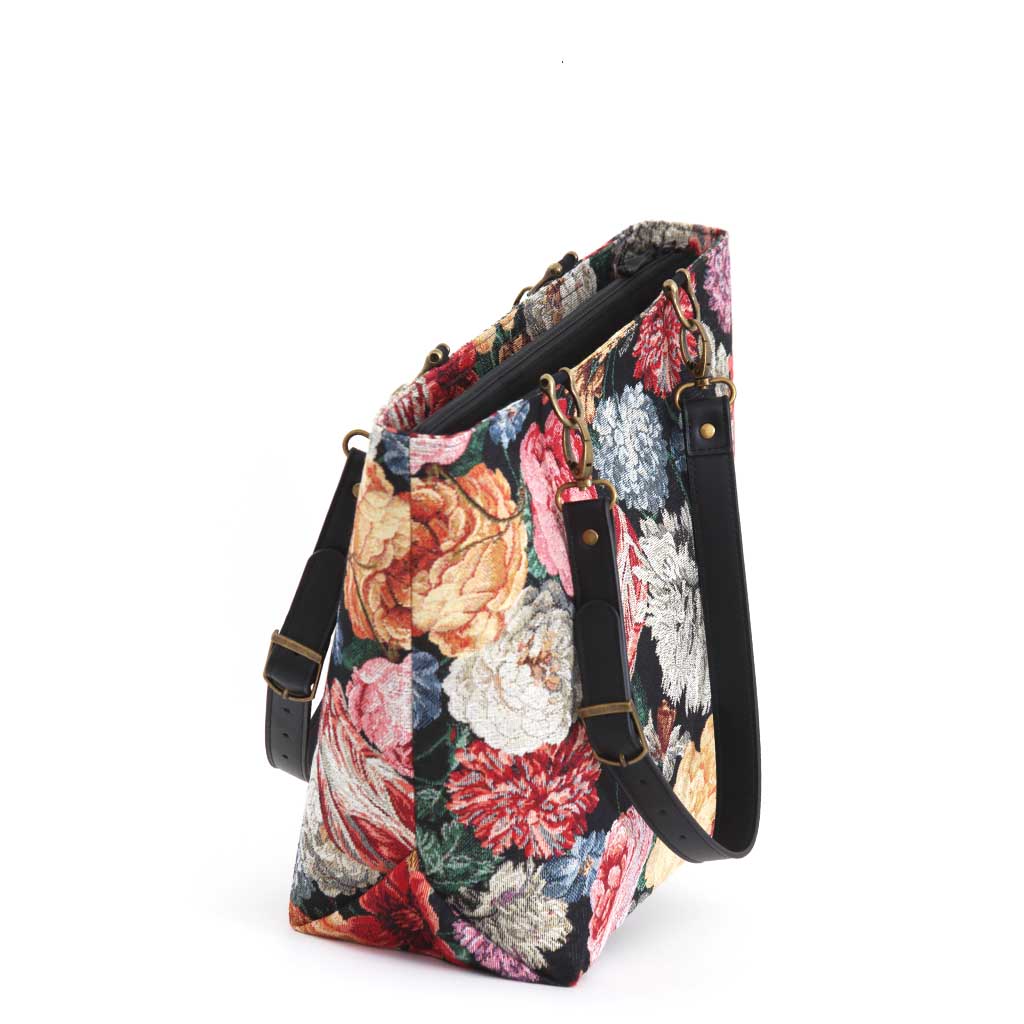 Floral Tapestry Tote Bag with black leather straps, by Umpie Handbags - zip-top view