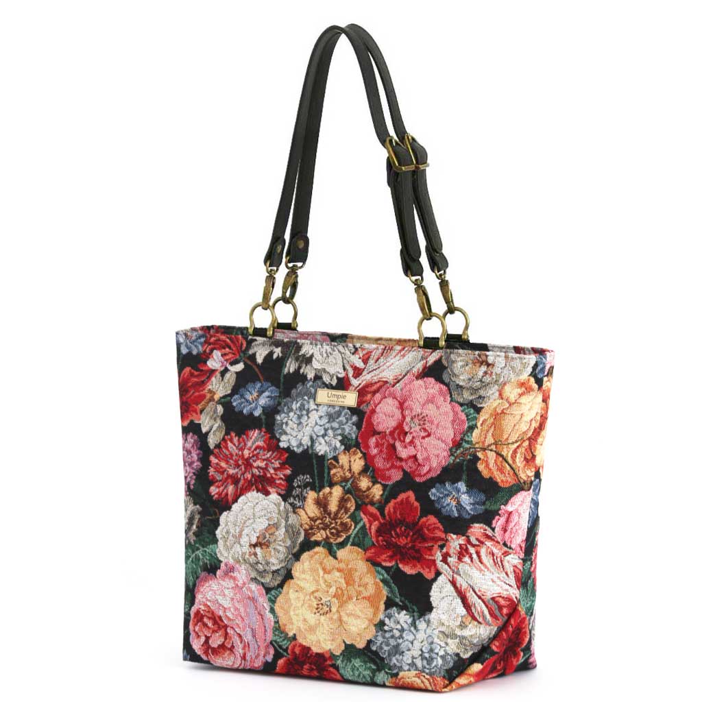 Floral Tapestry Tote Bag with black leather straps, by Umpie Handbags