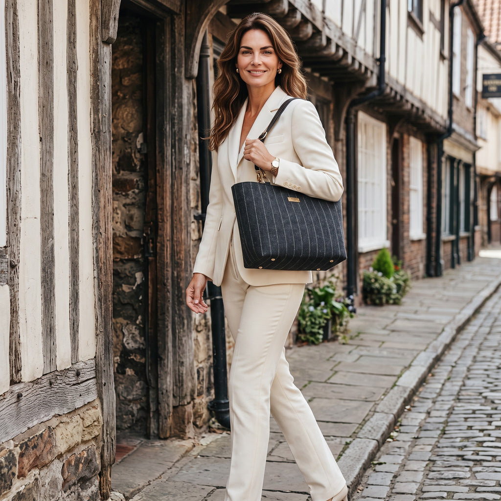 Savile Row Pinstripe Shoulder Bag carried by a model in an old street in York, by Umpie Handbags