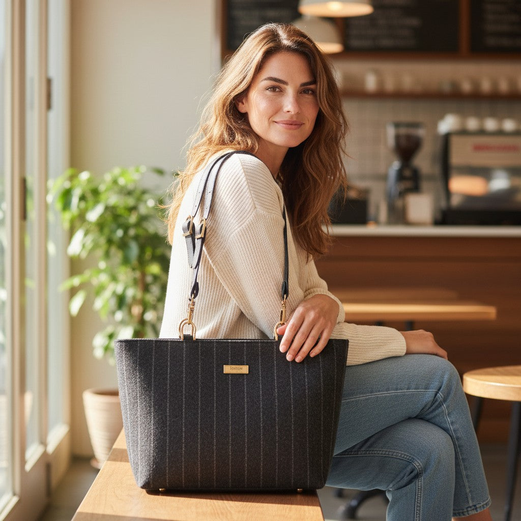 British wool pinstripe shoulder bag with crisp tailored pattern, black leather straps, and antique metal hardware, front view by Umpie Handbags