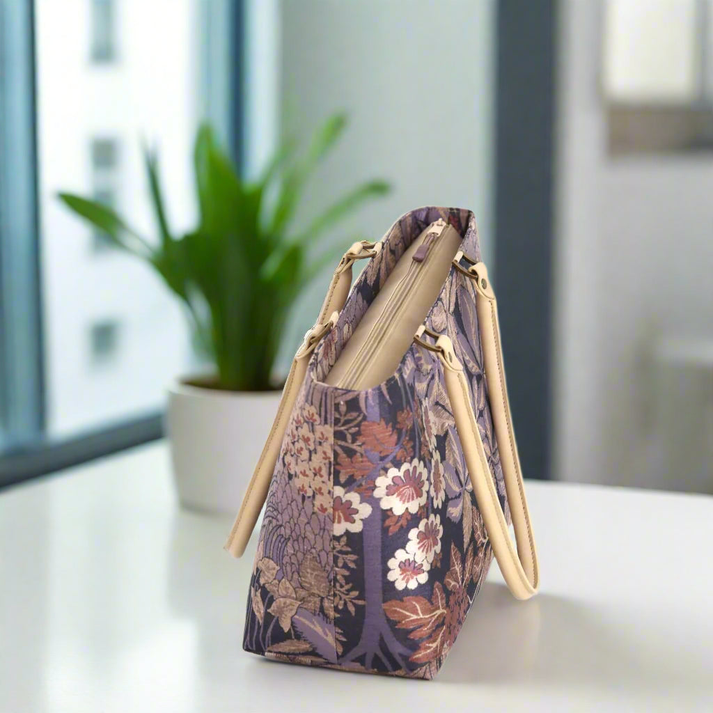 Top zip detail of Purple Brocade Shoulder Bag revealing spacious interior and secure closure by Umpie Handbags



