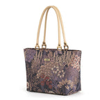 Purple Brocade Shoulder Bag showing shimmering metallic floral pattern and beige leather straps by Umpie Handbag 