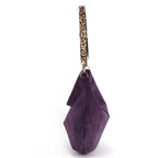 A purple velvet hobo bag with a leopard-print leather strap and gold-tone hardware, shown against a plain white background, by Umpie Handbags