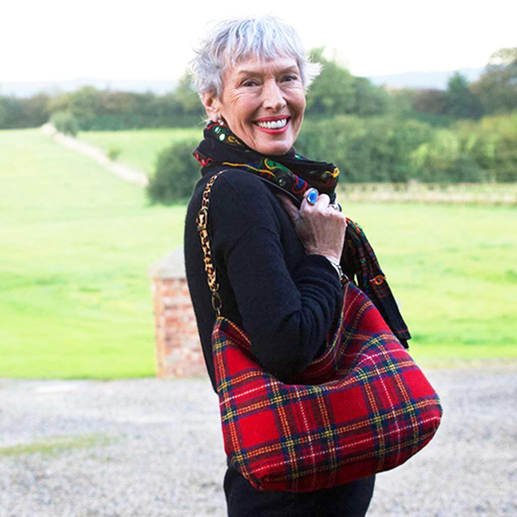 Magnificent Red Royal Stewart Tartan Hobo Bag - Yorkshire-crafted Harris Tweed luxury with bold leopard print strap