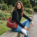 Red tartan hobo bag in luxury Harris Tweed wool with an edgy Leopard leather strap , showcasing contemporary Scottish heritage design by Umpie Handbags
