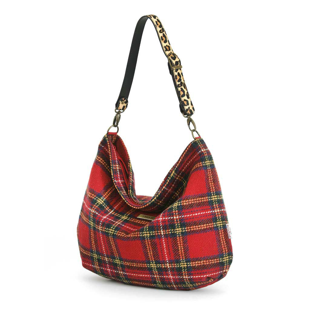 Edgy Royal Stewart Red tartan handbag featuring bold plaid pattern with rich woven texture and Leopard leather strap , showcasing contemporary Scottish heritage design by Umpie Handbags
