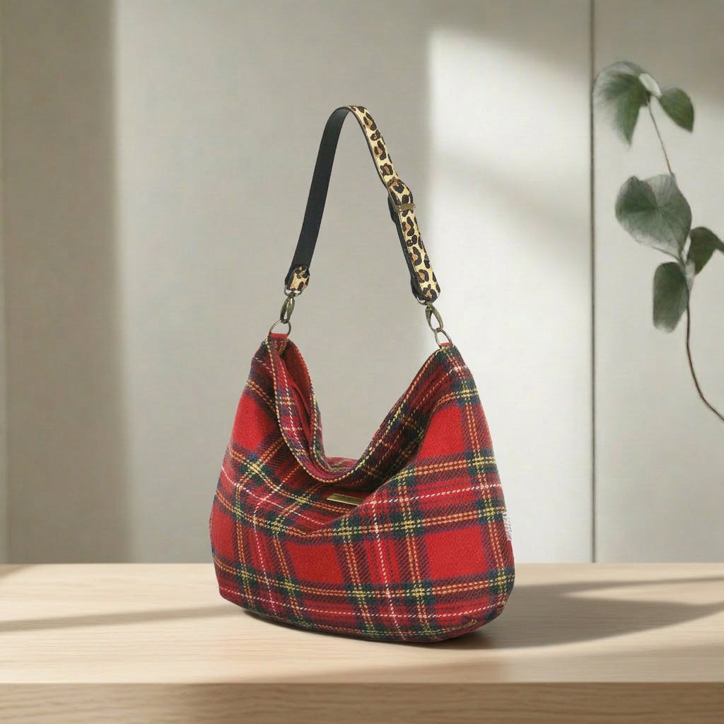 Edgy Royal Stewart Red tartan handbag featuring bold plaid pattern with rich woven texture and Leopard leather strap , showcasing contemporary Scottish heritage design by Umpie Handbags
