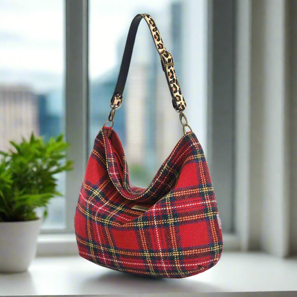Regal Royal Stewart Tartan Hobo Bag - authentic Harris Tweed with striking leopard print leather strap by Umpie Handbags