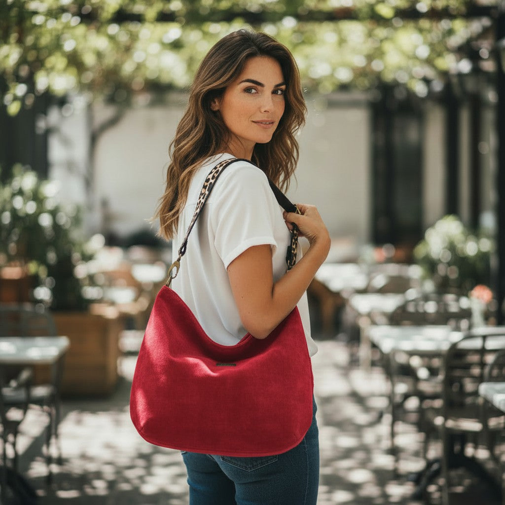 Luxurious Red velvet hobo bag with bold leopard print leather strap, front view showing rich texture and slouchy silhouette by Umpie Handbags
