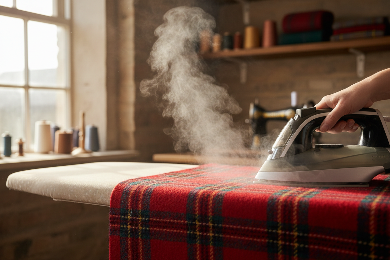 Steam iron pressing Harris Tweed seams, Umpie Handbags, British handmade Handbags