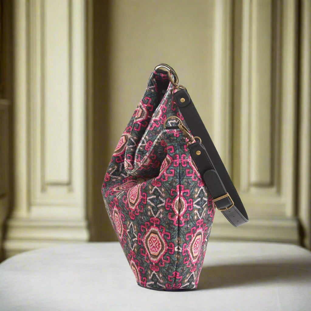 Tabriz velvet hobo bag displaying practical top-zip closure with black leather strap and spacious interior opening by Umpie Handbags