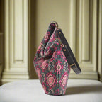 Tabriz velvet hobo bag displaying practical top-zip closure with black leather strap and spacious interior opening by Umpie Handbags