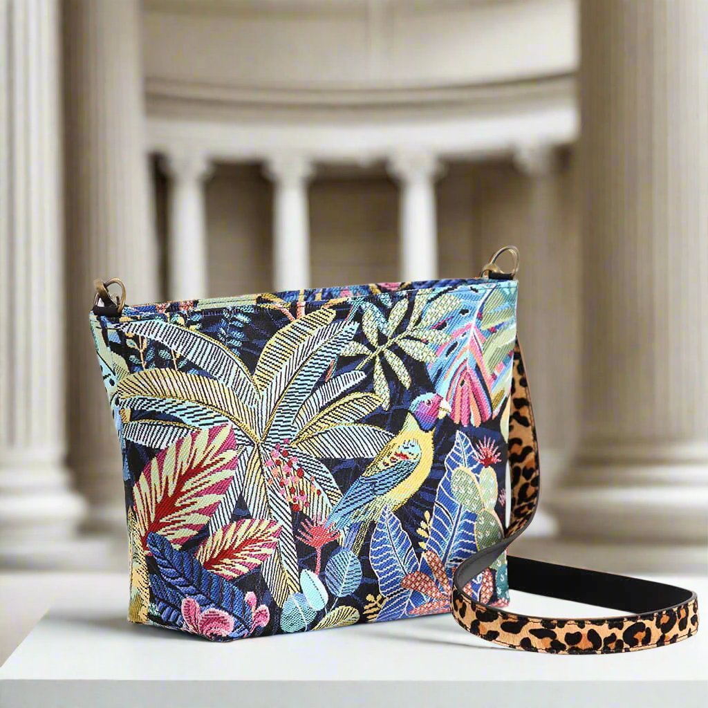 The Floral Crossbody Bag with an animal print leather strap - back view