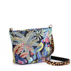 Tropical Tapestry Crossbody Bag on white background, back view of vibrant tropical tapestry fabric with bold leopard print leather strap, handmade in Great Britain by Umpie Handbags
