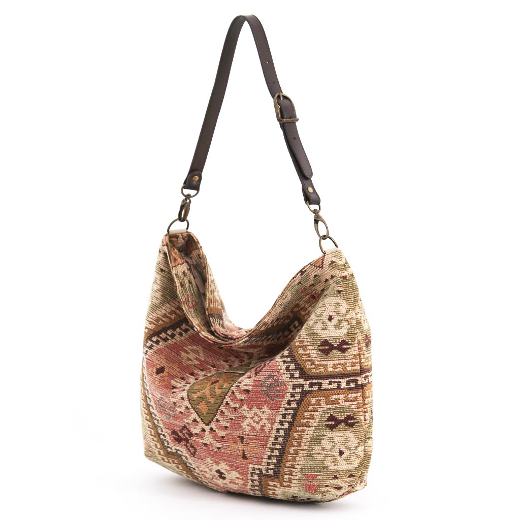 Tapestry Hobo Bag in tan/pink with brown leather strap, by Umpie Handbags