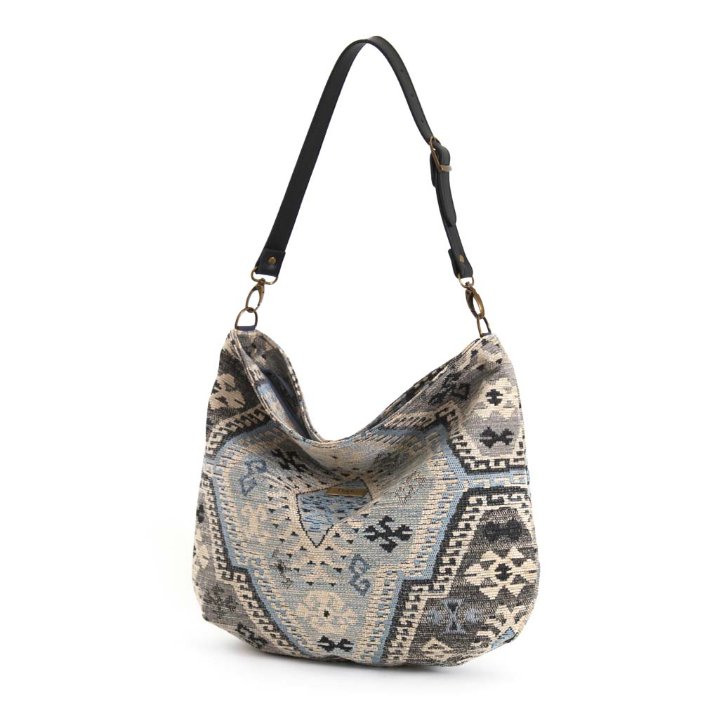 Tapestry Hobo Bag in tan/pink with brown leather strap, by Umpie Handbags