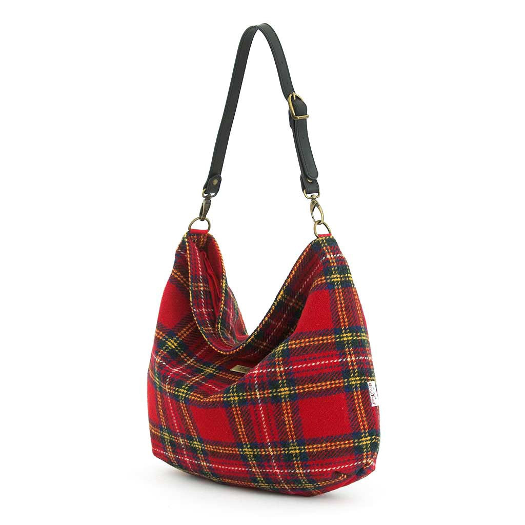Harris Tweed Red Tartan Hobo Bag, Choice of Leather Strap