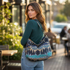 Teal Metallic Hobo Bag worn on shoulder showing shimmering brocade fabric and vibrant teal colour by Umpie Handbags"