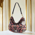 William Morris Hobo Bag - handcrafted brocade handbag with black leather strap, front view showing intricate botanical pattern by Umpie Handbags