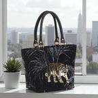 Luxurious tiger-print tapestry handbag, back view showing rich gold and black exotic pattern with premium black leather handles and structured silhouette by Umpie Handbags