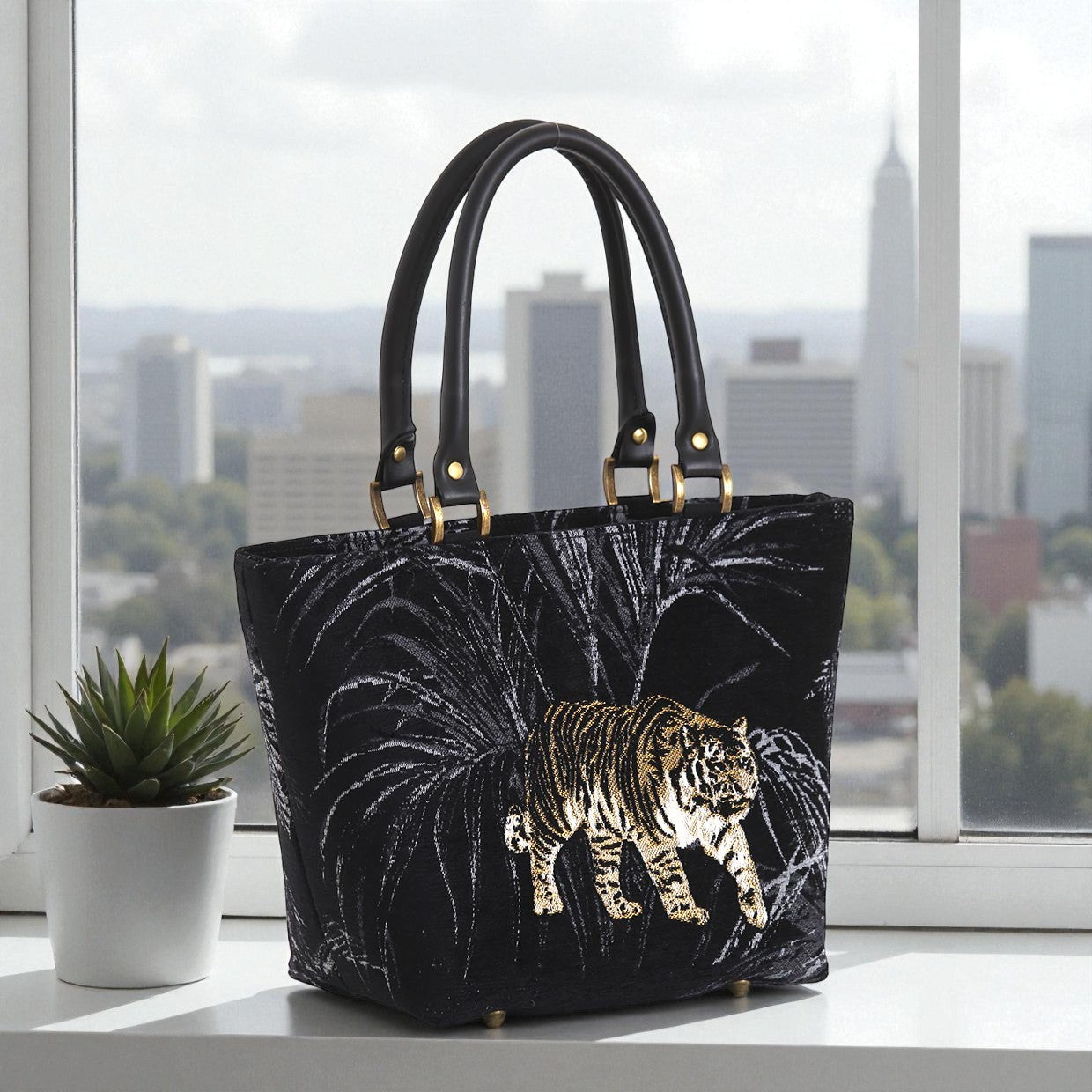Luxurious tiger-print tapestry handbag, back view showing rich gold and black exotic pattern with premium black leather handles and structured silhouette by Umpie Handbags