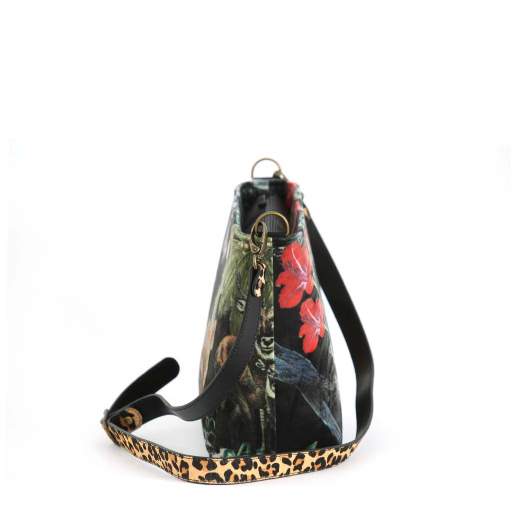 Side view of the luxurious printed velvet tiger crossbody bag with leopard print leather strap showing rich texture and exotic pattern by Umpie Handbags

